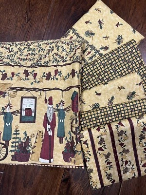 MODA Deb Strain 1997 Primitive Christmas Santa Gold Fabric Rare 4 Yards Total - Image 1 of 4
