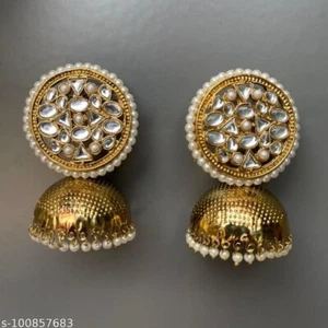 Conjunto de pendientes Jhumka estilo Bollywood chapado en oro joyería india Kundan fiesta - Imagen 1 de 2