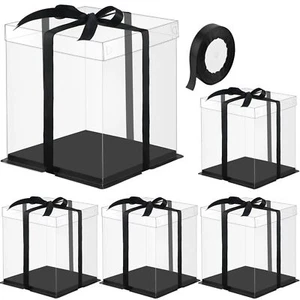 8 —8 — 9 In. Clear Cake Box With Ribbon 5 Pcs Black Disposable Cake Carrier With - Picture 1 of 7