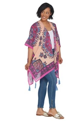 Theodora & Callum Frontal Abierto Impreso Ruana con Borlas Coral Medallón Missy Foto 1 de 3