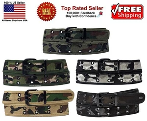Camouflage Styles 2 Holes Row Grommet Stitched Canvas Fabric Military Web Belt - Picture 1 of 11
