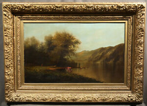 Beautiful Antique Landscape with Cows and People by the lake