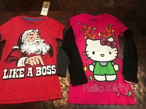 NWT 2 Kids Christmas Long Sleeved T shirts Santa / Hello Kitty Sz XS - Picture 1 of 9
