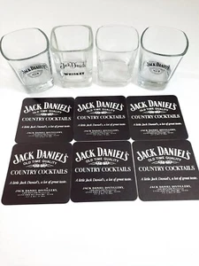 Jack Daniels Lowball Whiskey Glasses 4 & Bar Coasters 6 - Picture 1 of 19