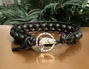 Men's Gift black Onyx Sports Surf Black Leather Bracelet w/ trout fish button - Picture 1 of 16
