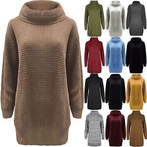 Womens Ladies Chunky Knit Baggy Full Sleeve Oversize Roll Cowl Neck Jumper Dress