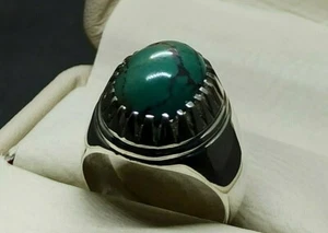 Natural Hussani Feroza Sterling Silver 925 Handmade Green Turquoise Mens Ring - Picture 1 of 12