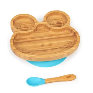 Kindergeschirr Set Bambusteller Löffel 250 ml Baby Besteck 18x18 cm Blau Frosch - Afbeelding 1 van 9