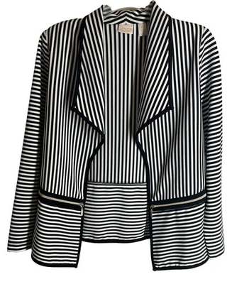 CHICOS Drape Jacket 0 S M Black White Stripe Front Gold Zipper Pockets - Image 1 of 4