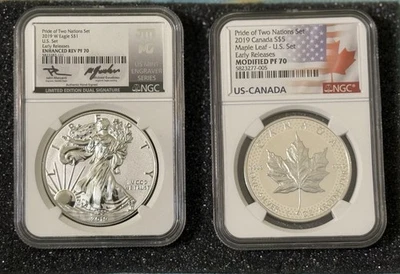 PF70 Pride Of 2 Nation 2019 $5 Canada Maple Leaf & - U.S.Enhanced Reverse $1 SE - Image 1 of 4