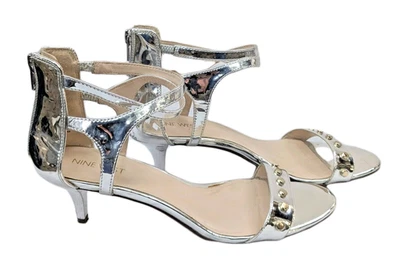 NINE WEST Womens 8.5 Ankle Strap Dress Sandal Metallic Mirrored Silver Pump Shoe - Image 1 of 4