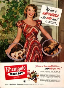 Anuncio original impreso de cerveza Rheingold 1948 Pat Quinlan Miss Rheingold cachorros gatitos - Imagen 1 de 1