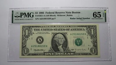 $1 1995 Radar Serial Number Federal Reserve Currency Bank Note Bill PMG UNC65EPQ - Image 1 of 2