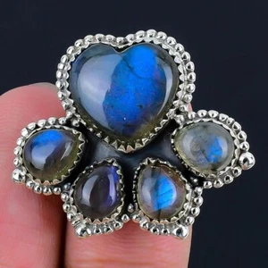 Natural Labradorite 925 Sterling Silver Boho Statement Bezel Ring Jewelry Size 7 - Picture 1 of 8