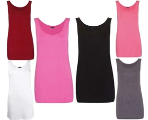 Womens Scoop Neck Sleeveless Ladies Long Plain Vest Strappy T-Shirt Top 8-22 - Picture 1 of 16
