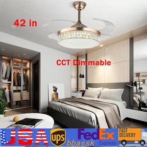 42'' Retractable Ceiling Fan Light LED Dimmable Crystal Chandelier + Remote New - Picture 1 of 11
