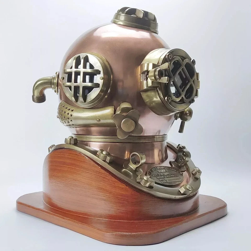 18" Copper Diving Helmet US Navy Mark V Deep Sea Scuba Antique Divers With Stand - Image 1 of 4