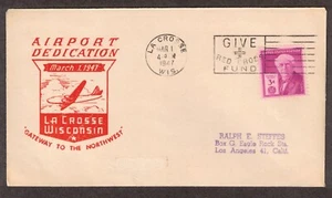 Cubierta de Estados Unidos: 1947 La Crosse, Wisconsin Airport Dedication Cachet - Imagen 1 de 2