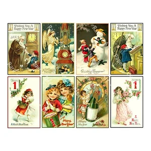 HAPPY NEW YEAR, 8 Holiday Postcard Style Sticker Reproductions, Vintage Decals - Picture 1 of 1