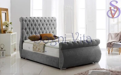 Swan Double Crushed Soft Velvet Fabric Chesterfield Sleigh Bed Frame | Mattress - Image 1 of 4