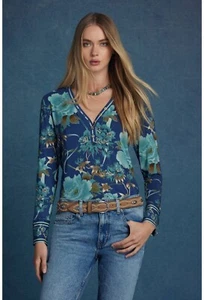 Johnny Was Janie Favorite Henley Peonee Long Blue Tee Floral Shirt Top Small NEW - Picture 1 of 10