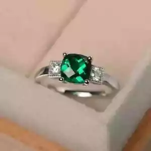 2Ct Cushion Lab-Created Emerald Diamond Engagement Ring 14K White Gold Finish - Picture 1 of 7
