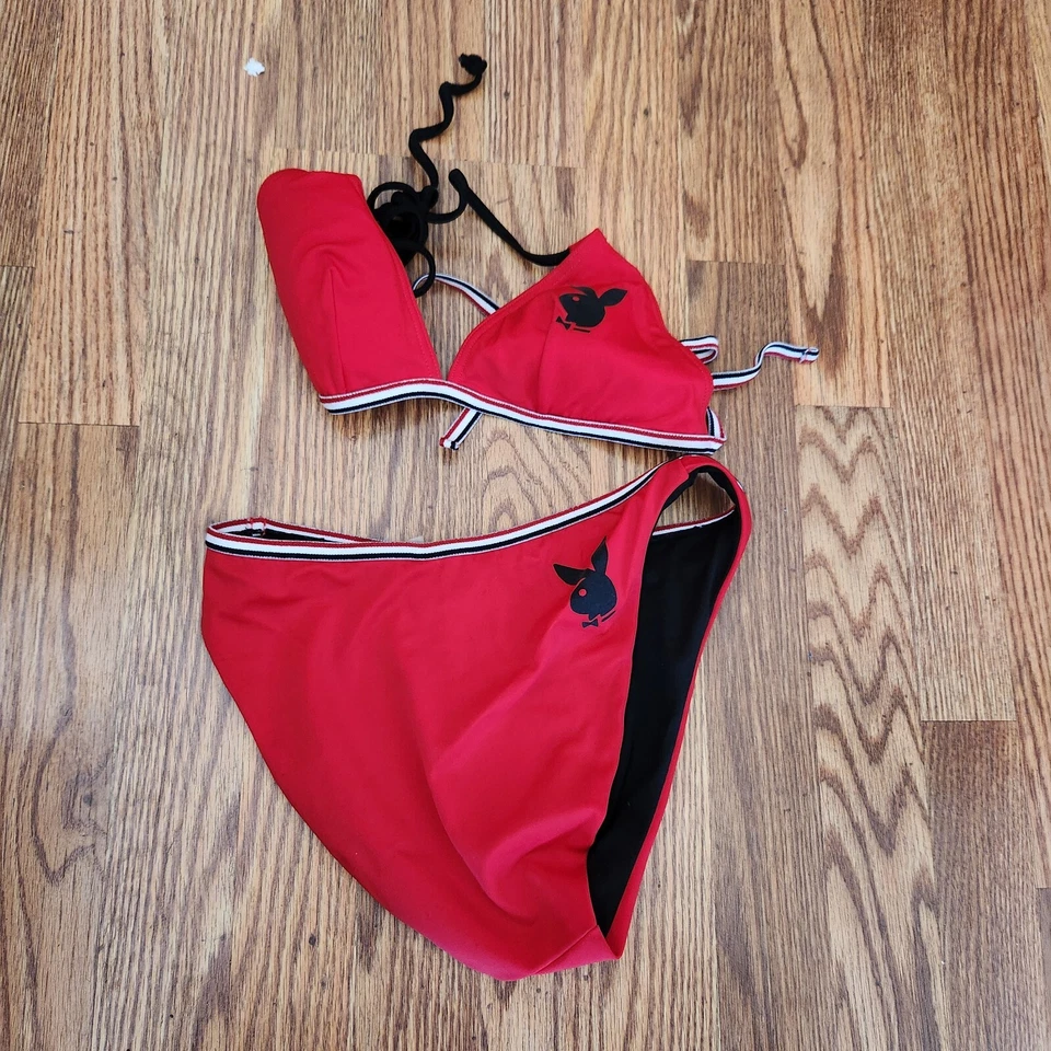 Bikini Playboy vintage rojo y negro sujetador superior e inferior talla 6/M Chicago Bulls Foto 1 de 4