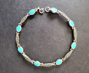 Antique Turquoise Sterling Silver 925 Handcrafted Bracelet, 8" Length - Picture 1 of 9
