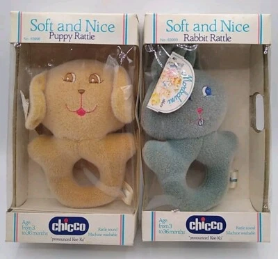 De colección Chicco "Kee-Ko" Suave y Bonito Conejo y Cachorro Bebé Sonajero Nuevo Antiguo Stock Foto 1 de 4