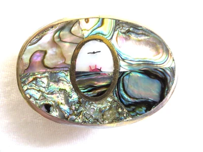 Hebilla de cinturón madreperla abulón incrustación con puesta de sol y pájaro volando Foto 1 de 3