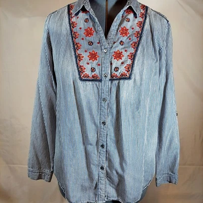 Vintage x America Size XL Long Sleeve Blouse Shirt Blue Stripe Embroidered - Image 1 of 4