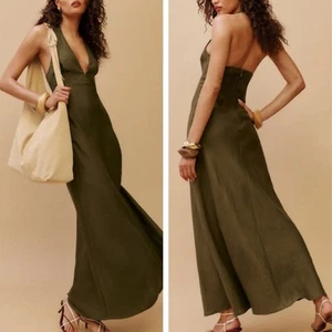 Reformation Womens Delilah Linen Maxi Dress Dark Olive Size 12 NWT - Picture 1 of 10
