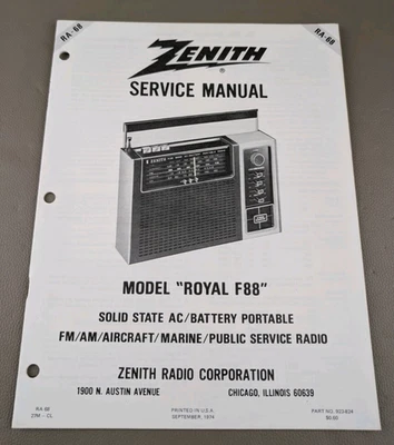 Zenith Model "Royal F88" Service Manual D-3616 - Image 1 of 3