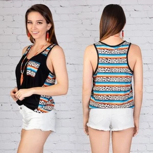 Womens Serape Leopard Tank Top Cheetah Aztec Stripes Shirt Sleeveless Top Black - Picture 1 of 5