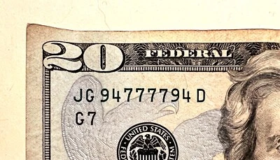 $20 Dollar Bill 2009 Circulated Fancy Bookends QUAD Seven JG 94 7777 94 D - Image 1 of 3