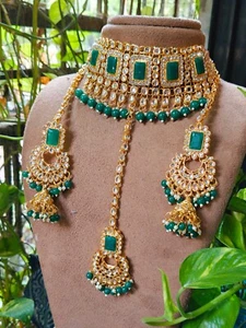 Pakistani Indian Bridal Green Stone Choker Necklace Earrings Tikka Jewelry Sets - Picture 1 of 12
