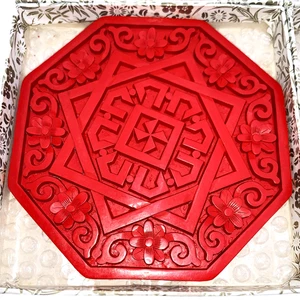 6 Carved Red Cinnabar Coasters 4" Appear Unused Old China NOS Orig Boxes Vintage - Picture 1 of 11