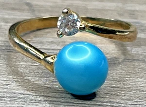 Vintage Sterling 925 Gold Wash Bypss Wrap Ring CZ Teal Blue Faux Pearl SZ 5.75 - Picture 1 of 11