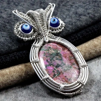 Wire-Wrapped Great Owl Cobalt Calcite Blue Evil Eye Pendant Size 2.5" GW - Image 1 of 3