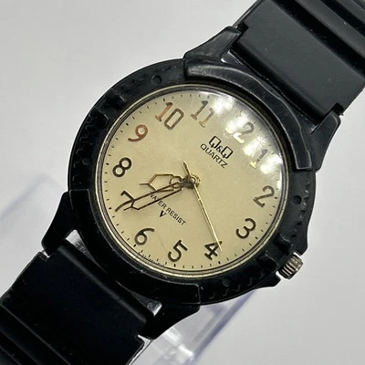 Vintage Q&Q Quartz Watch Gold Tone Dial Black Rubber Band NEW BATTERY 7.75" - Image 1 of 4