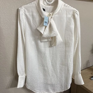 Ann Taylor Damen elfenbeinfarbene Langarmbluse zum Binden am Ausschnitt elegante Bürokleidung-MED Haustier - Bild 1 von 5