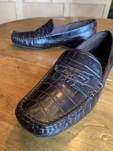 Lauren Ralph Lauren Dark Brown Alligator Embossed Leather Penny Loafer Flats 6 B - Picture 1 of 13