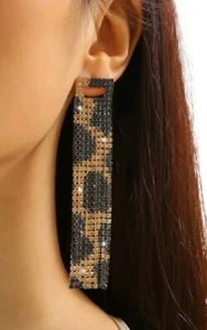 Black Brown Dangling Leopard Print Light Weight Statement Crystal Earrings - Picture 1 of 4