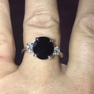 Faceted Black Spinel Ring with White Topaz Accents Size 10 925 Sterling Silver - Picture 1 of 5