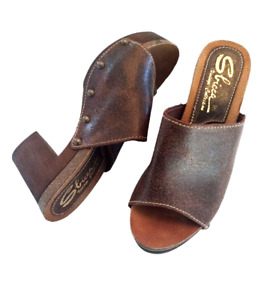 Sbicca Zuri Studded Brown Crackle Leather Slides Mule Clog Boho Heeled Sandal 8M