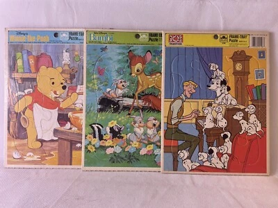 Winnie Pooh Bambi 101 Dalmations LOT of 3 Disney FrameTray Puzzles Vintage 1980s - Image 1 of 4