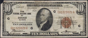 Fr.1860-G 1929 Chicago $10 Federal Reserve Bank Note VF Missing Corner - Picture 1 of 2