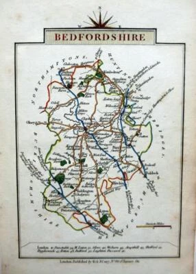 MAPA EN MINIATURA BEDFORDSHIRE BEDFORD DE JOHN CARY c1828 ANTIGUO GENUINO Foto 1 de 2