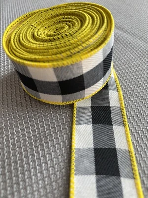 Cinta de borde con cable reversible a amarillo de guinga blanca y negra de 5 yardas - 1,5" Foto 1 de 3