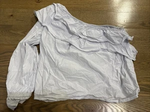 Blusa top para mujer Who What Wear blanca/azul con volantes talla mediana - Imagen 1 de 1